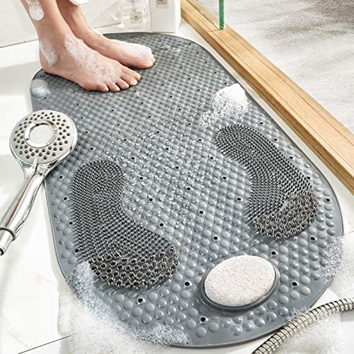 32"X16" Foot Scrubber Shower Mat with Feet Scrub Stone, Oval Bathtub Mat with Antislip Suction Cups and Drain Holes, Non Slip with A Pumice Stone for Feet Massage - Grey
