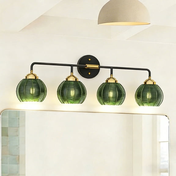 32.38" Wall Sconces with Unique Leaf Texture Glass Shade,Modern Style,4-Light,E26 Base,Bathroom Wall Lights for Above Mirror,Black+Gold+Green(No Bulb)