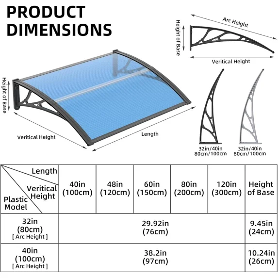 32/40/48/60/80" Window Awning Front Door Eaves Canopy Polycarbonate Roof Cover
