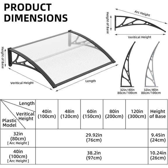 32/40/48/60/80" Window Awning Front Door Eaves Canopy Polycarbonate Roof Cover