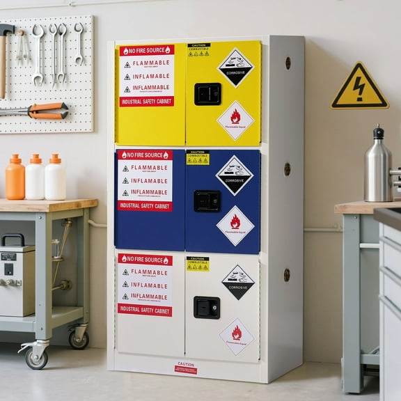 32-40 Gal Flammable Safety Cabinet, 65x34x18 Inch, 3-in-1 Storage, Adjustable Shelves, Cold-Rolled Steel, OSHA & CE Certified, for Industrial, Lab, Institutional Use, Yellow/Blue/Gr