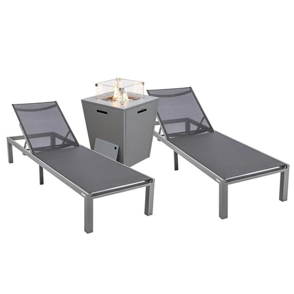 32.44 x 21.65 x 21.65 in. Marlin Modern Aluminum Outdoor Patio Chaise Lounge Chair with Square Fire Pit Side Table Perfect, Black - Set of 2