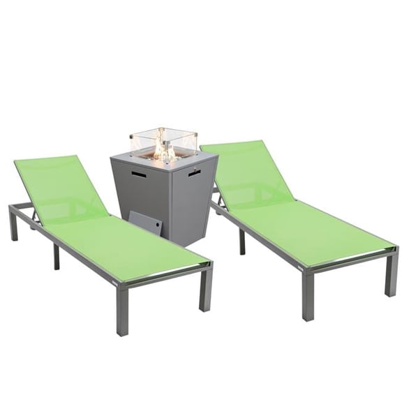 32.44 x 21.65 x 21.65 in. Marlin Modern Aluminum Outdoor Patio Chaise Lounge Chair with Square Fire Pit Side Table Perfect, Green - Set of 2