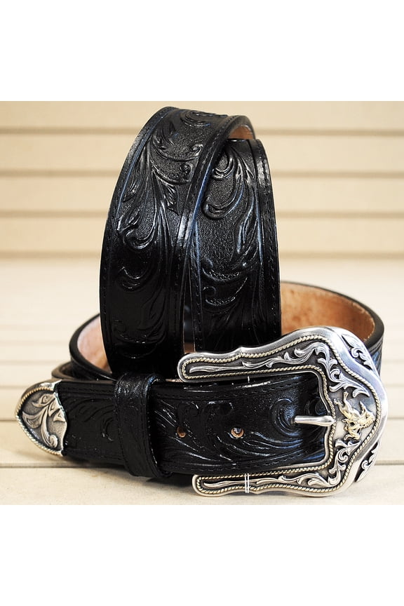 32-46 TOOLED LEATHER WESTERLY RIDE MEN BELT BLACK MADE IN THE USA