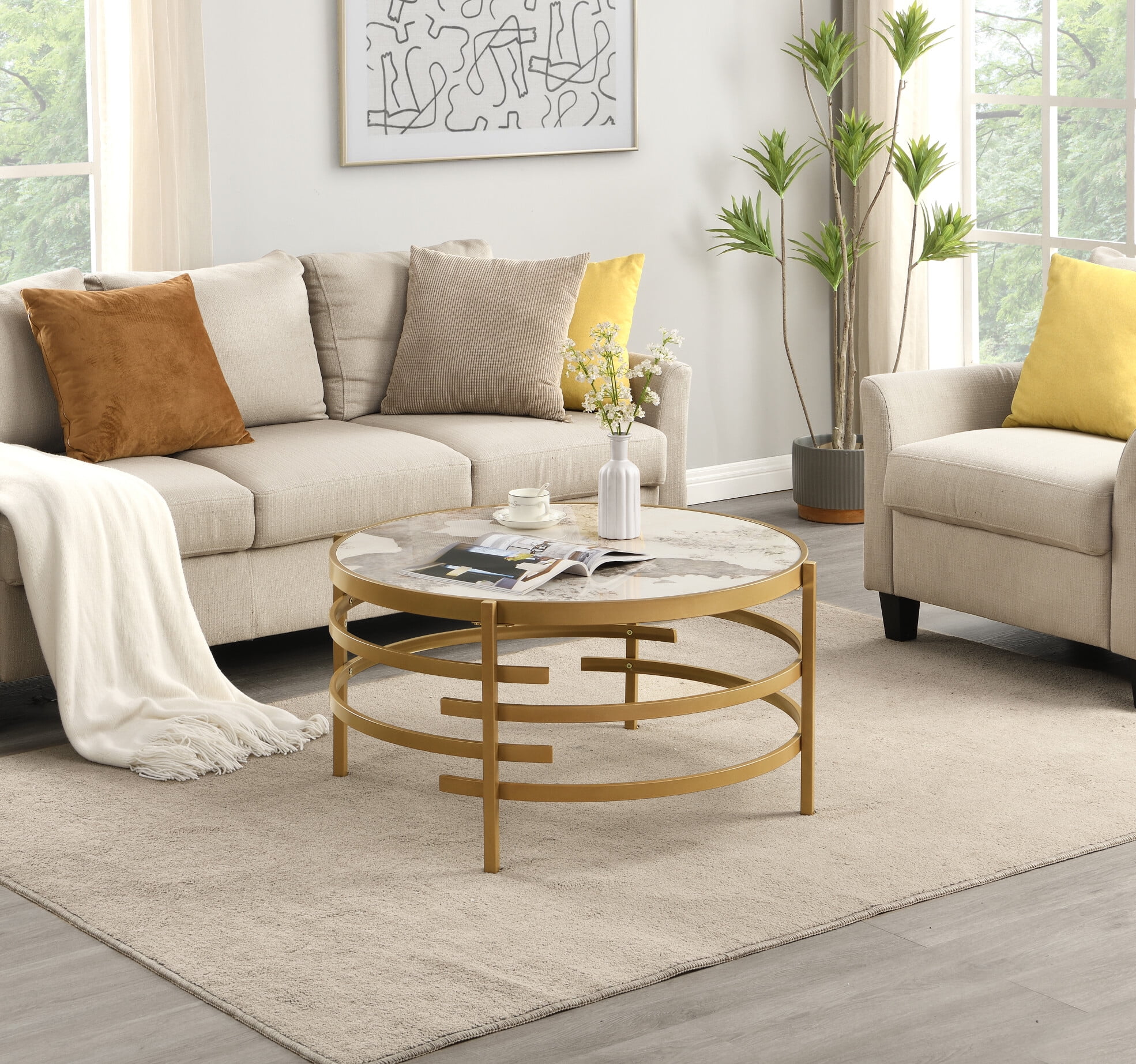 32.48'' Elegant Round Coffee Table, Sintered Stone Top Table with ...