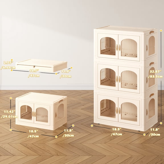 32.4GAL/75GAL Stackable Storage Bins with Lids & Wheels - Rolling Plastic Containers with Door for Closet, Bedroom, Kitchen & Office (Green/Beige)