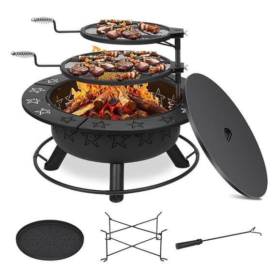 32.5" 3-in-1 Fire Pit Table with Grill - Wood Burning BBQ for Outdoor Cooking, Patio Table, Charcoal & Log Rack - Backyard, Garden