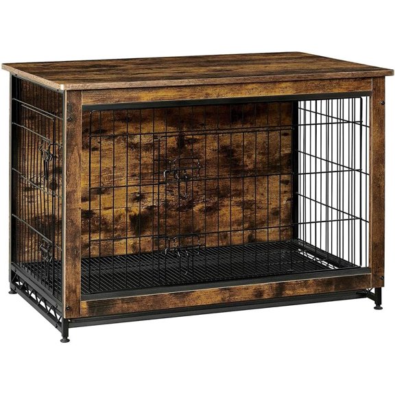 32.5"  Crate Furniture, Indoor  Cage Side End Table, L Pet  Kennel for Large and Medium Dogs up to 45 lb with Multi-Purpose Removable Tray, Double-Door Pet House, Rustic Brown