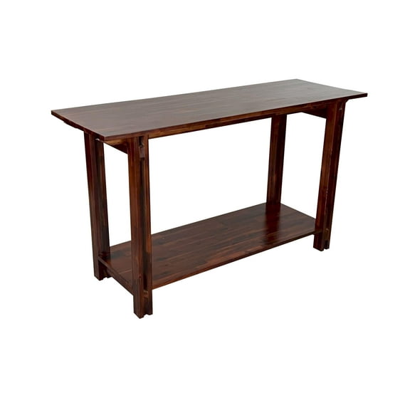 32.5"H Acacia Wood 4 Leg Architectural Console Table with Shelf, Mahogany