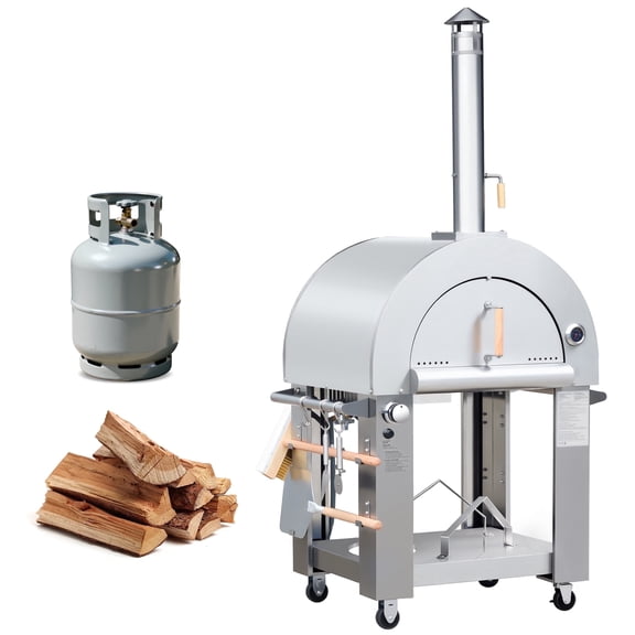 KOSTCH Pizza Oven Outdoor, Wood Fire & Propane Pizza Oven, 32.5in, Casters,  Stainless Steel