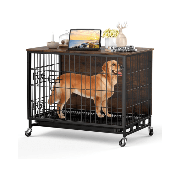 32.5 inch Wooden Dog Crate Furniture,Double-Doors Kennel Indoor with Tray,End Table Dog Crate for Medium Dogs,32.5"L x 21.9"W x 25.2"H