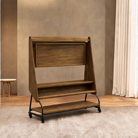 32-50 Inch TV Stand with Pull-Down Projector Screen, Power Outlets, and Storage - Rolling Cart, MDF Wood, Brown Finish