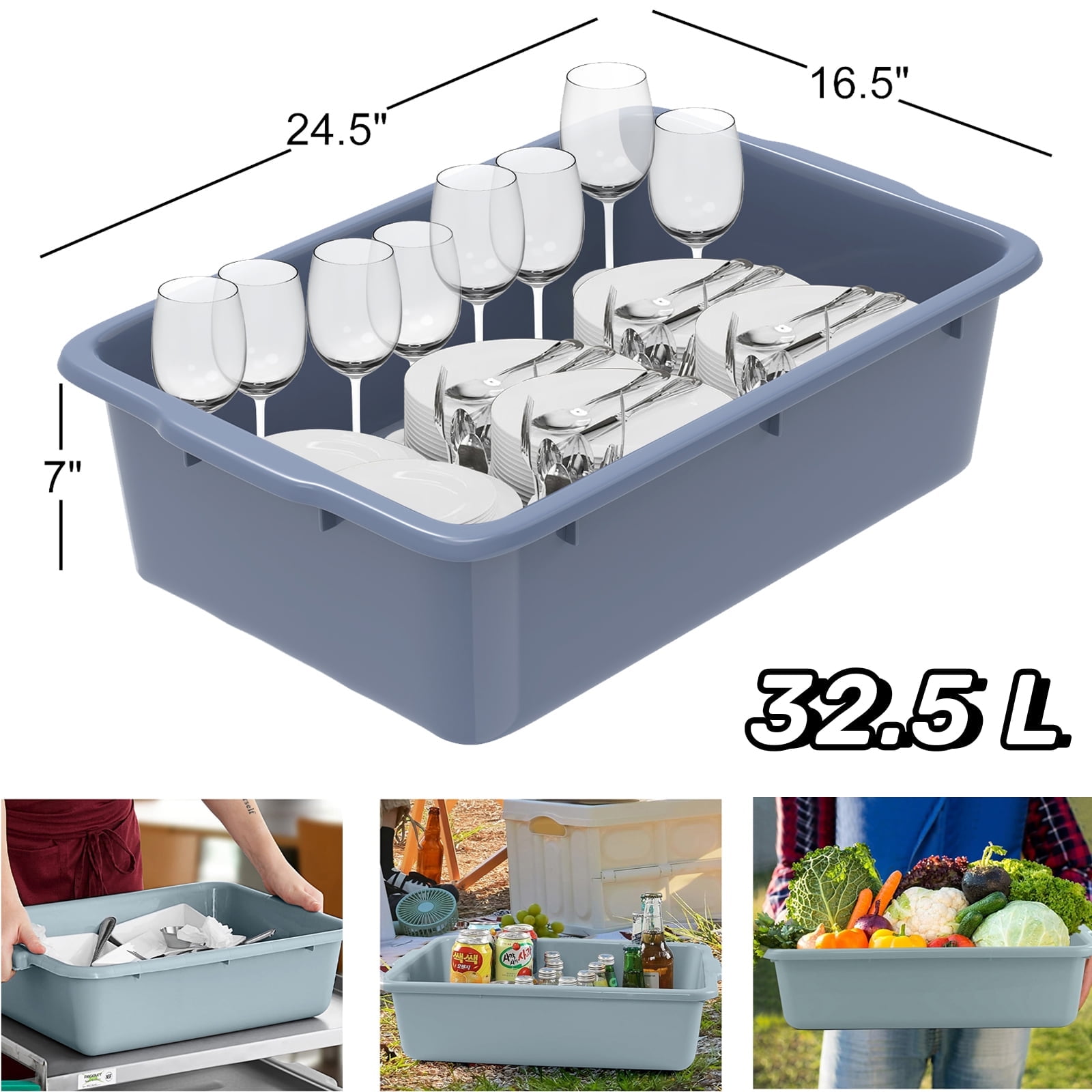 Waikhomes Set Of 3 Plastic Wash Tub Basins - Grey Storage Bins, 13 Liter Capacity
