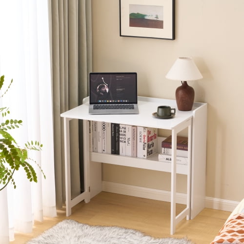 32.6 Inch Folding Computer Desk With Storage Shelf, White Writing Desk For Home Office Bedroom Dorm And Apartment