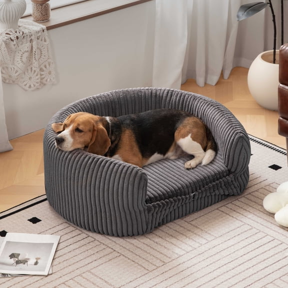 32.6" Orthopedic Corduroy Dog Couch Bed With High Backrest For Dogs Up To 70lbs, Furniture Style Elevated Doggy Chaise With Supportive Foam, Round Pet Sofa Bed For Living Room Bedroom