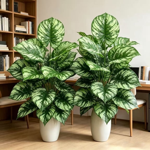 Artificial Variegated Taro Leaf Plant 2 Pack - Faux Green and White Calathea for Indoor Home Office Decor No Pot Included Lush Realistic Foliage