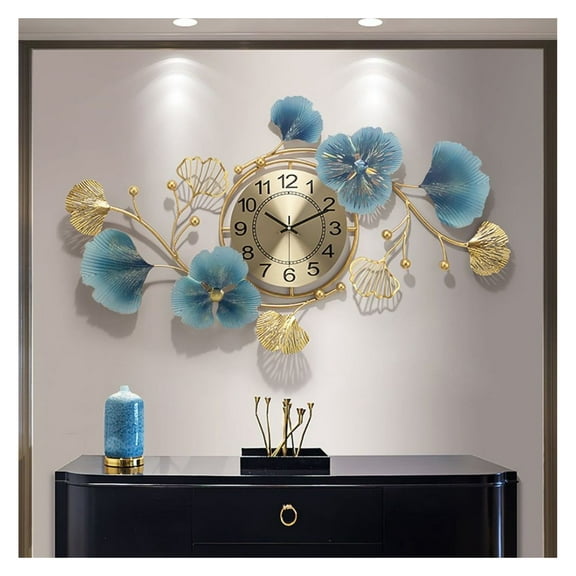 32.7" Light Luxury Creative 3D Metal Ginkgo Leaves Artistic Wall Clock Home Decor Art Blue & Gold