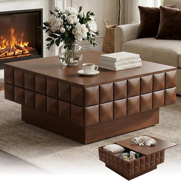 32.7" Square Coffee Table with Hidden Storage, 3D Geometric Design Real Wood Veneer Center Table for Living Room, Walnut