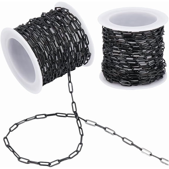 32.8 Feet/10M 3mm Black Paperclip Chain Stainless Steel Chain Roll Metal Rectangle Oval Paper Clip Connector Link with Plastic Spool for Jewelry Making Necklace