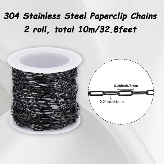 32.8 Feet/10M 3mm Black Paperclip Chain Stainless Steel Chain Roll Metal Rectangle Oval Paper Clip Connector Link with Plastic Spool for Jewelry Making Necklace Bracelet DIY Craft Supplies