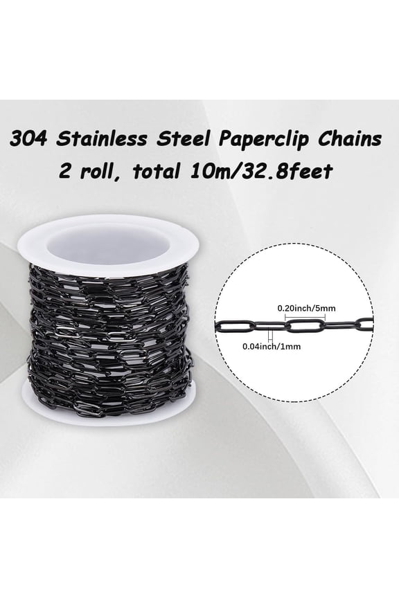 32.8 Feet/10M 3mm Black Paperclip Chain Stainless Steel Chain Roll Metal Rectangle Oval Paper Clip Connector Link with Plastic Spool for Jewelry Making Necklace Bracelet DIY Craft Supplies