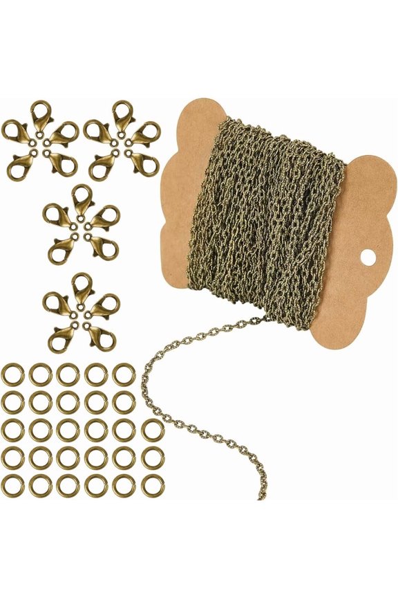 32.8 Feet/10M 3mm Metal Curb Chain Bronze Chain Set Iron Textured Round Twist Cable Links Kit with Brass Jump Rings Alloy Lobster Claw Clasps