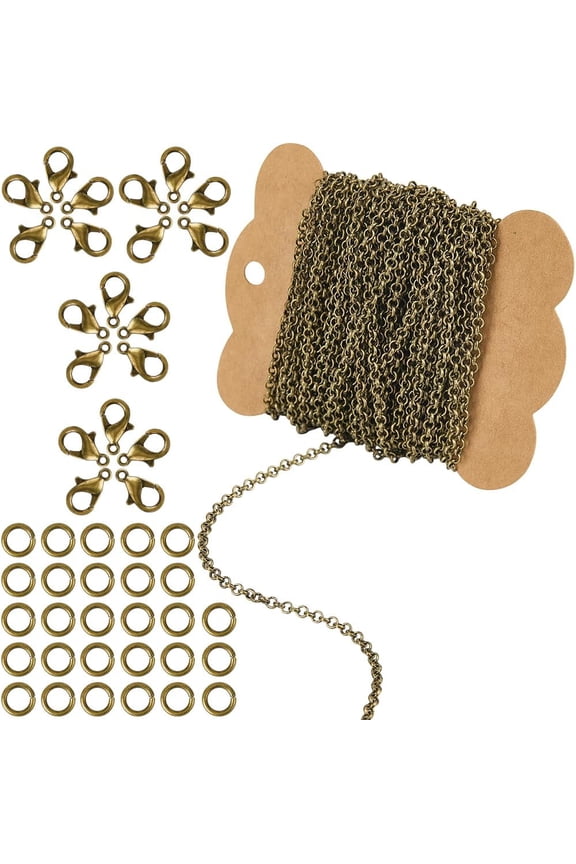 32.8 Feet/10M 3mm Metal Curb Chain Necklace Chains Kit Bronx Iron Round Twist Cable Links Finding Set with Brass Jump Rings Alloy Lobster Claw Clasps