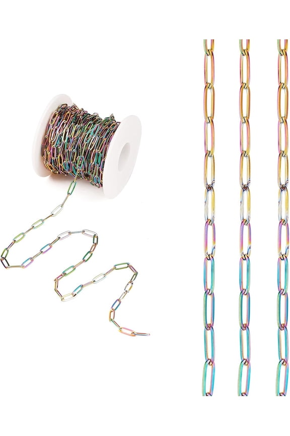 32.8 Feet 10M Stainless Steel Paperclip Chains Rainbow Soldered Chain Paperclip Link Chain Necklace for Women
