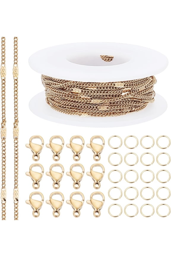 32.8 Feet(10m)/roll Figaro Chain For Jewelry Making 18K Gold Plated Stainless Steel Figaro Chain Necklaces with 10Pcs Lobster Claw Clasps and 50Pcs Jump Rings DIY