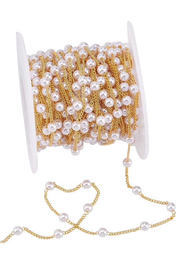 32.8 Feet Brass Jewelry Chain Pearl Chain for Jewelry Making Curb Cable Chain Link Chains Spool Brass Chain Bulk Imitation Pearl Beads Bracelet Necklace Supplies DIY Craft Adult Women for DIY Golden