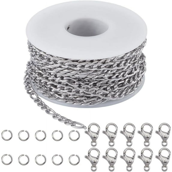 32.8 Feet Figaro Chain Stainless Steel Silver Chain Jewelry Making with Lobster Clasps Jump Ring 7mm Unwelded Oval Roll Spool Link Chains Kits Necklace Bracelet DIY Crafts