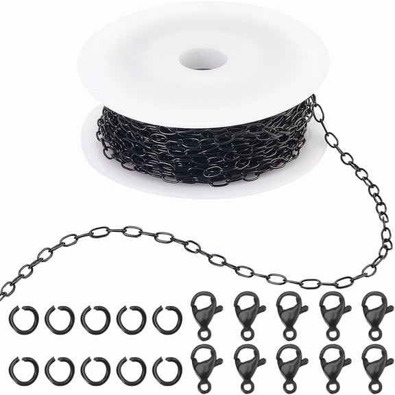 32.8 Feet Paperclip Chains Bulk Paper Clip Chain Link with Jump Rings and Clasps 304 Stainless Steel 4.8mm Black Oval Roll Chain Links Kits for Jewelry Making Bracelets Necklaces DIY Crafts 1set
