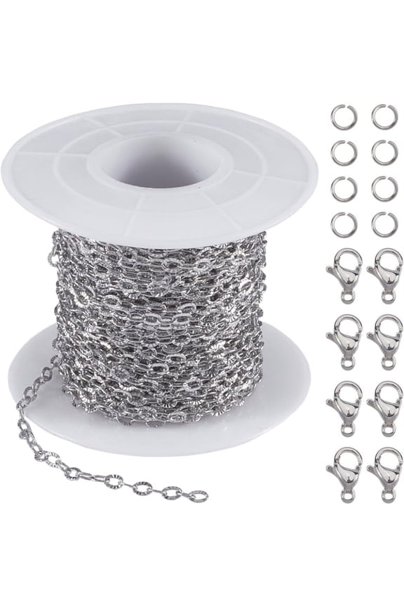 32.8 Feet Stainless Steel Cable Chain Roll Jewelry Making Chains Bulk Silver 3.5mm Textured Cable Knurling Soldered Spool Link Kits for DIY Jewelry Making Necklace Bracelet Supplies DIY Crafts