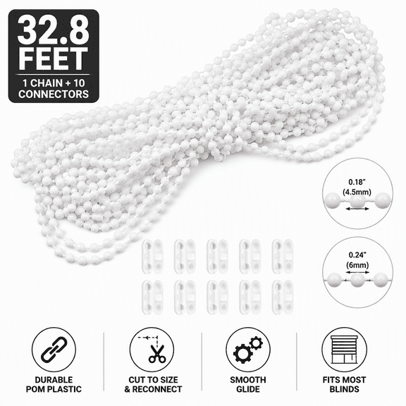 32.8 Ft White Plastic Roller Blind Beaded Pull Chain with 10 Connectors for Roller Shades Vertical Blinds Repair