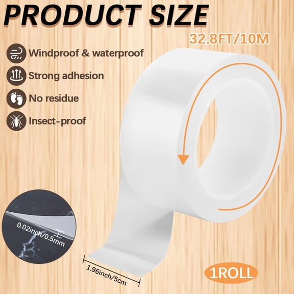 32.8 Ftx1.96 Inch Transparent Weather Sealing Tape Windproof Waterproof Clear Gap Insulation Single Sided Adhesive Tapes Strong Sticky for Window Doors Draft Stopper Shower Glass