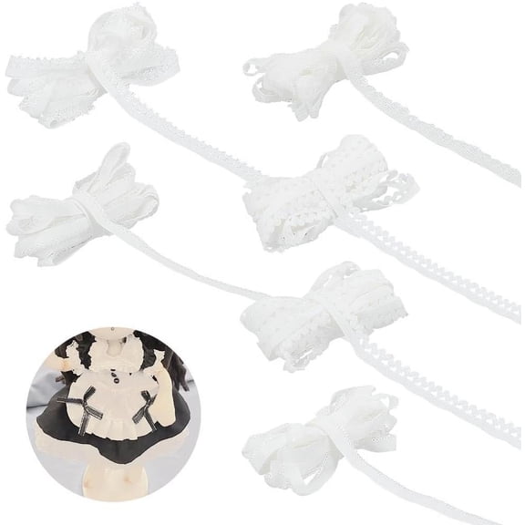 About 32.8 Yards(30 M) 6 Styles Elastic Lace Trim White Polyester Stretch Lace Trim Frilly Elastic Ribbon Non Slip Knitted Elastic Cord for Webbing Garment Sewing Accessories White