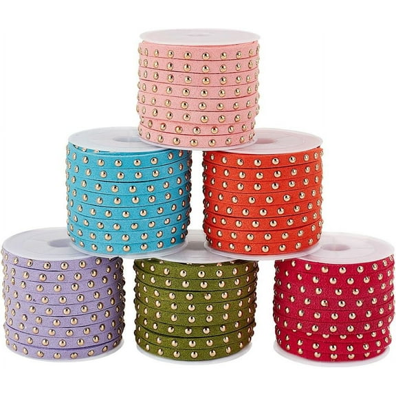 32.8 Yards/30m Suede Cord 6 Colors 5mm Leather PU String Trim Flat Suede String Leather Ribbon with Punk Golden Rivet