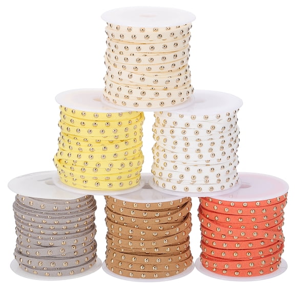 32.8 Yards Studded Faux Suede Cord Rope for Jewelry Making 6Pcs Each 5m 5mm Flat Leather Lace Beading String Ribbon Gold Rivets, White/Beige/Grey/Light Brown/Yellow/Dark Yellow