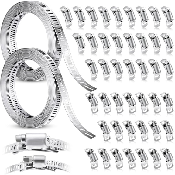 32.8 ft Hose Clamps DIY Metal Strapping with Holes + 48 Fasteners Stainless Steel Hose Clamp Assortment Kit Adjustable Large Worm Gear Band for Pipe, Duct, Pole, Tube
