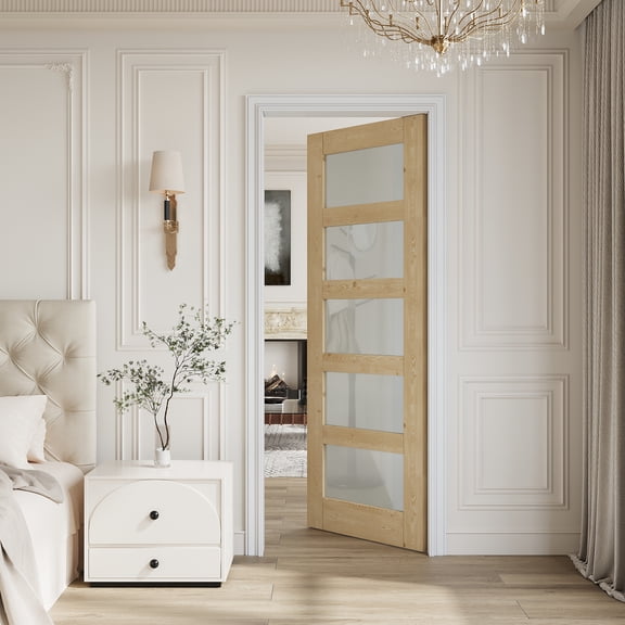 32"×80" Interior Slab Door 5-Lite Frosted Glass Solid Pine Wood French Slab Door For Bedroom & Living Room