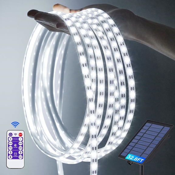 32.8FT LED Strip Lights Outdoor, 600LEDs Solar & USB Powered Dimmable LED Strip Lights with Remote, IP65Waterproof Strip Lights for Outside Deck Gazebo Porch Balcony Trampoline Decor