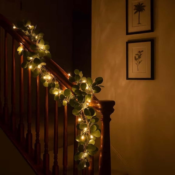 32.8FT Lighted Artificial Eucalyptus Garland with LED Fairy Lights,Battery Timer Greenery Vine Table Runner Centerpiece,Green Vine for Farmhouse Mantel Christmas Wedding Holiday Dining Table Decor