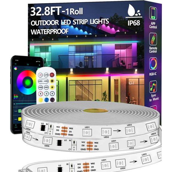 32.8FT Outdoor LED Strip Light ,IP68 Outside RGB+IC Light Strip with App/Remote Control,Chase Mode, Sync Light for Balcony,Deck,Rooftop,Garden,Pool
