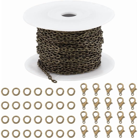 32.8Feet/ 10m Bronze Chains Bulk Jewelry Textured Cable Chain Spool 5x3.5mm 20Pcs Lobster Claw Clasps 50Pcs Open Jump Rings for Jewelry Making Kits