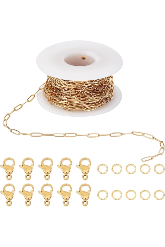 32.8Feet/ 10m Paper Clip Chain Spool Stainless Steel Paperclip Chains Golden 50Pcs Open Jump Rings 20Pcs Lobster Claw Clasps for Jewelry Making Supplies Necklace Bracelet DIY Craft Adult for DIY