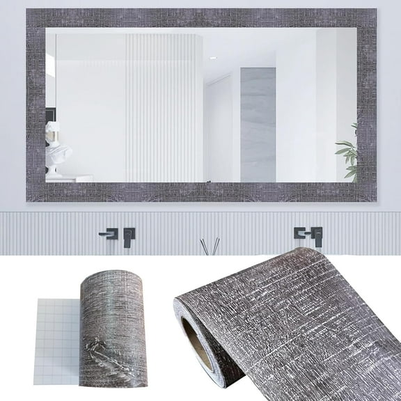 32.8Ft Gray Wood Grain PVC Wallpaper Border, Removable Waterproof Mirror Border Peel and Stick,Bathroom Mirror Frame Border