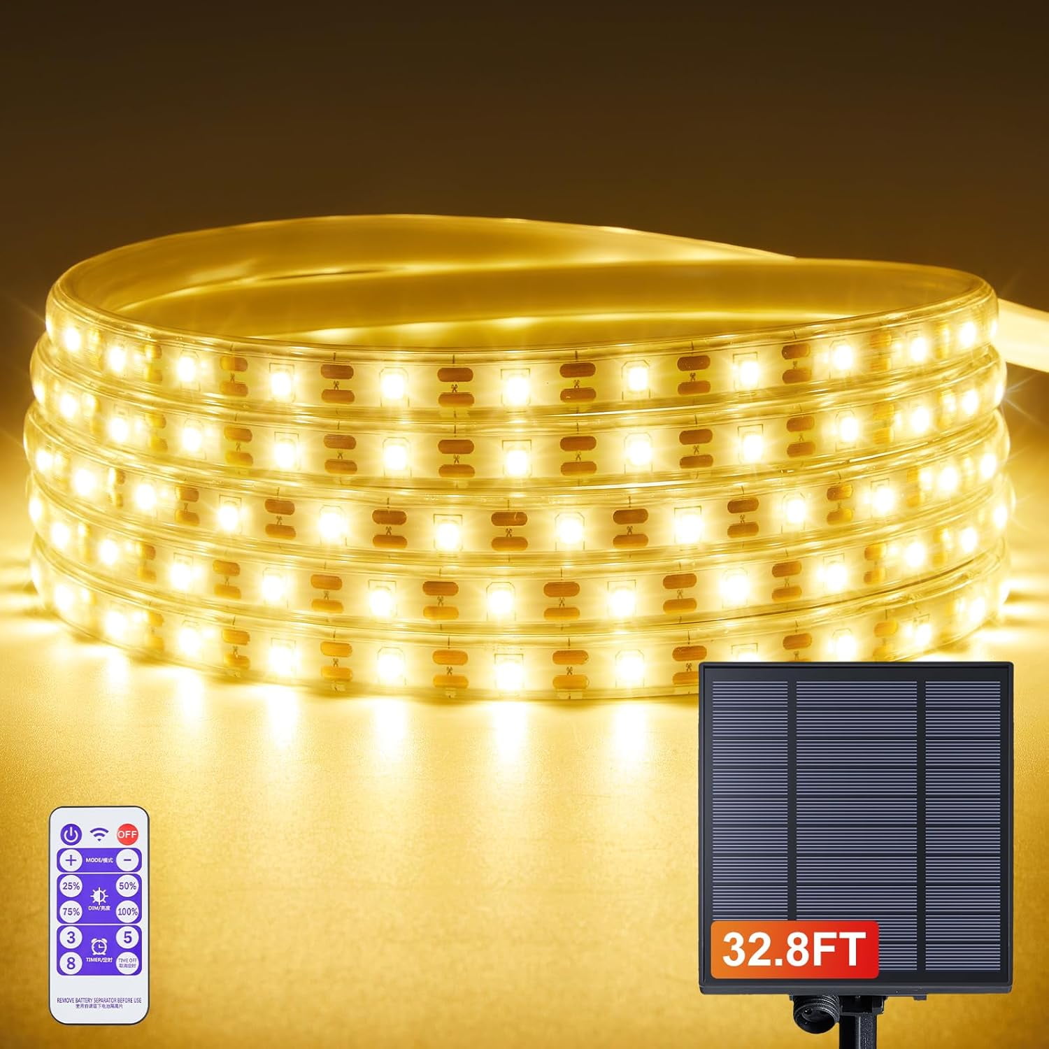 32.8Ft Solar Led Strip Lights Outdoor Warm White, 600Leds Solar & Usb Powered Dimmable Strip
