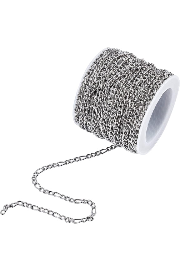32.8ft(10m/Roll) Figaro Chains 304 Stainless Steel Chains Unwelded with Spool Figaro Chains Necklaces Metal Material Connector Chains for Women DIY Necklace Jewelry Making