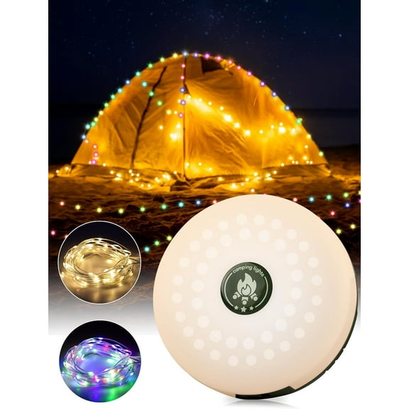 32.8ft 3 in 1 Tent Lamp, 8 Lighting Modes,IPX4 Outdoor/Indoor Rechargeable RGB & Warm Camping String Lights for Tent/Truck Camping Trip, Yard, Xmas Party Decor