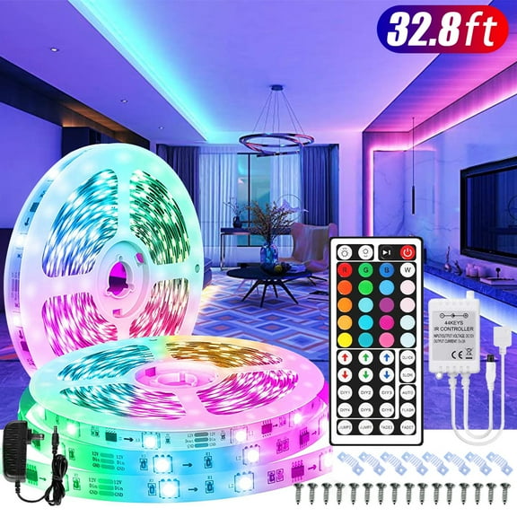 32.8ft 300 LED 3528SMD Waterproof Strip Lights, Multi-Color Changing, Includes 44 Key Remote & 12V Power Supply for Home Lighting, Kitchen Decor